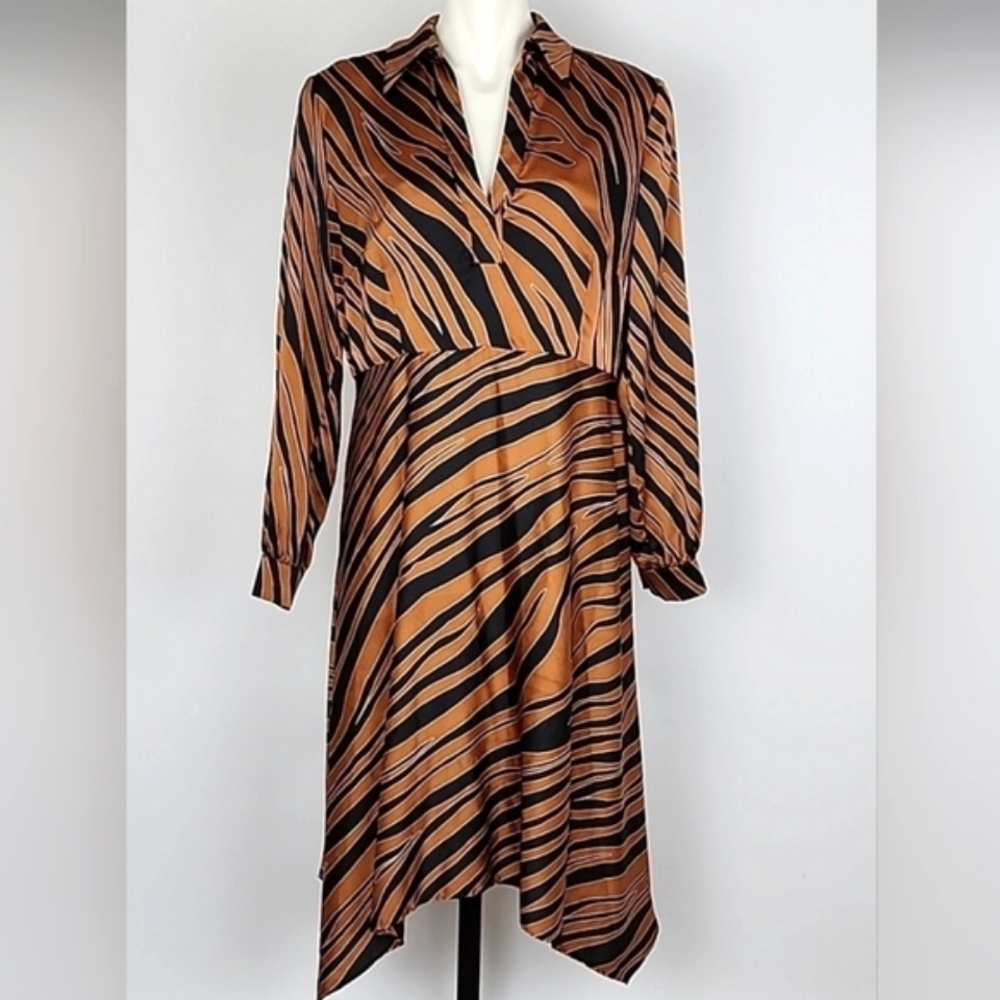 NEXT Satin Midi Dress Tiger Orange Black Print Long  Sleeves Collar V Neck Sz 10